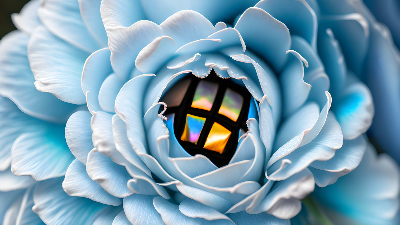 Vibrant blue flower with colored pane window in digitally manipulated image