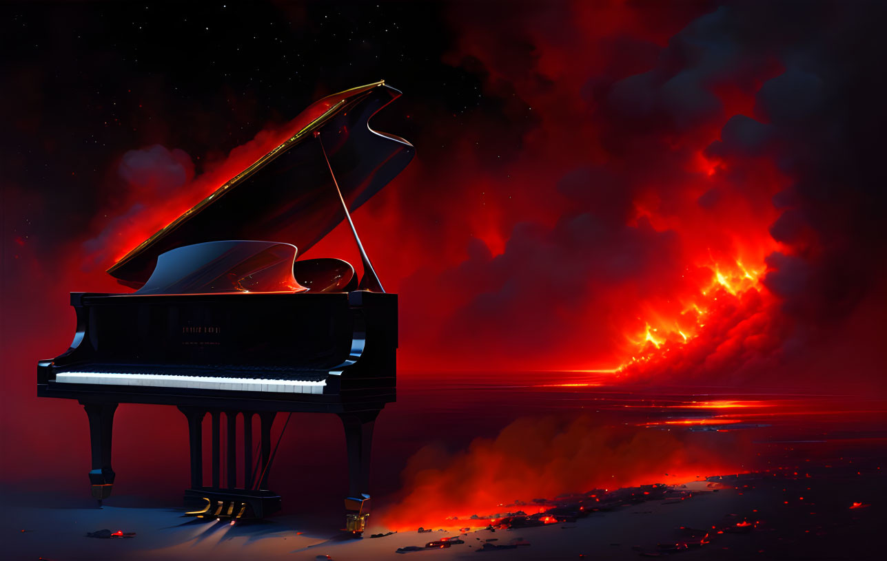 Grand Piano on Reflective Surface Amid Red Clouds and Fiery Horizon