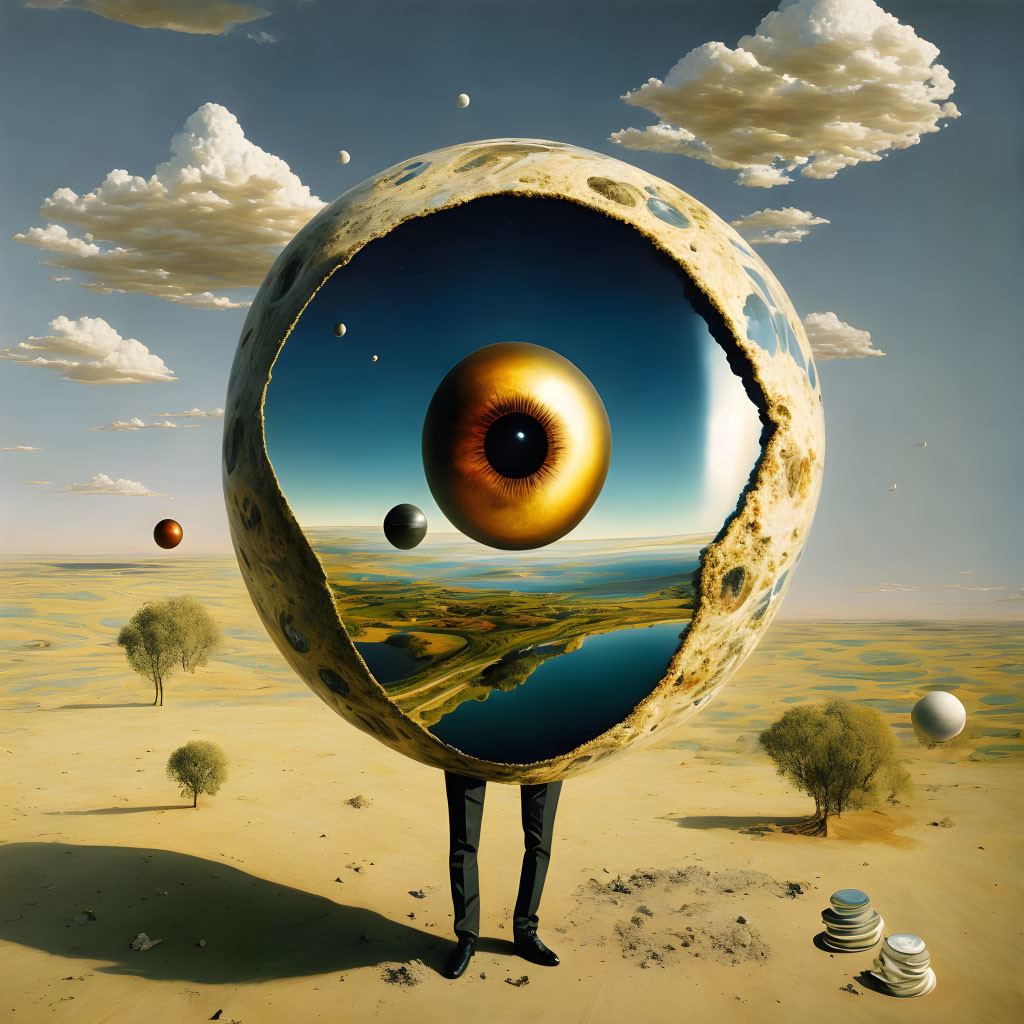 Surreal art: figure with eye-shaped planet head in desert.