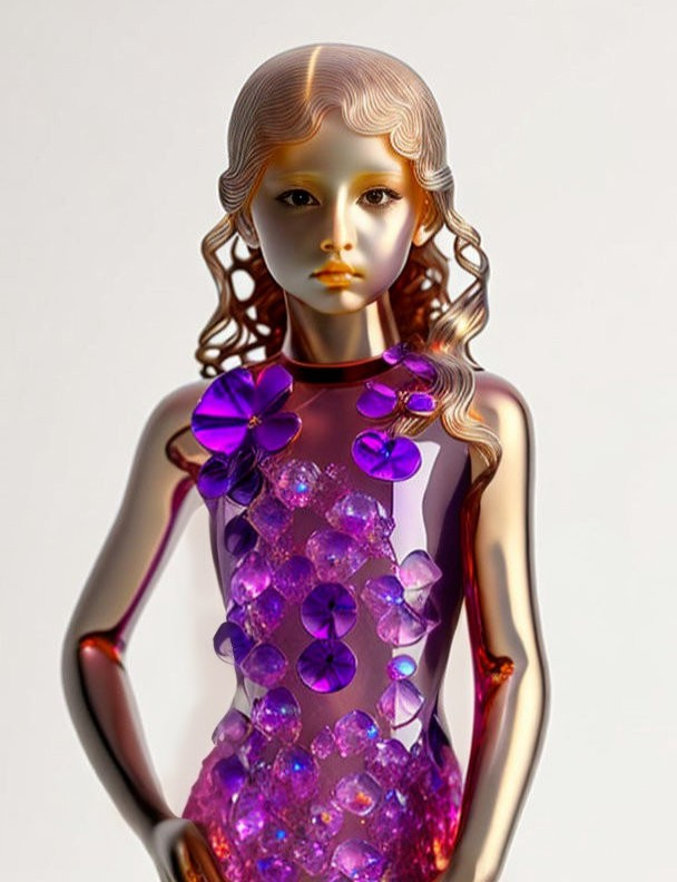 Surreal feminine figure with glass-like skin and purple crystals