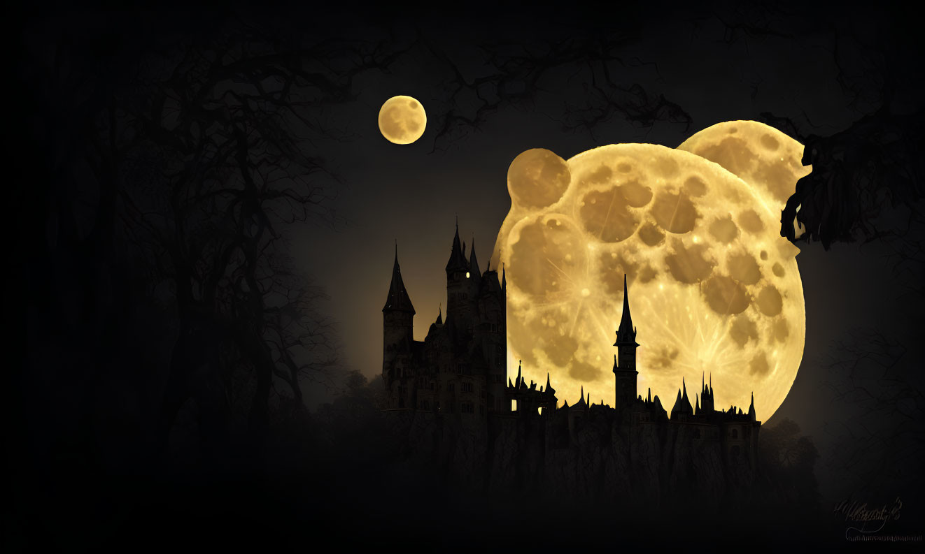 Gothic castle silhouette with yellow full moon and leafless trees