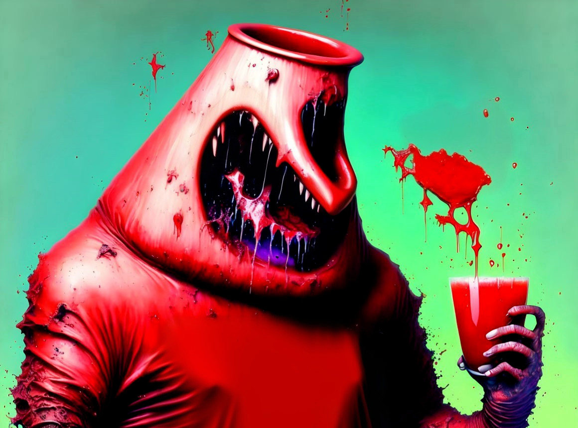 Monstrous surreal character with pitcher head and sharp teeth on green background.