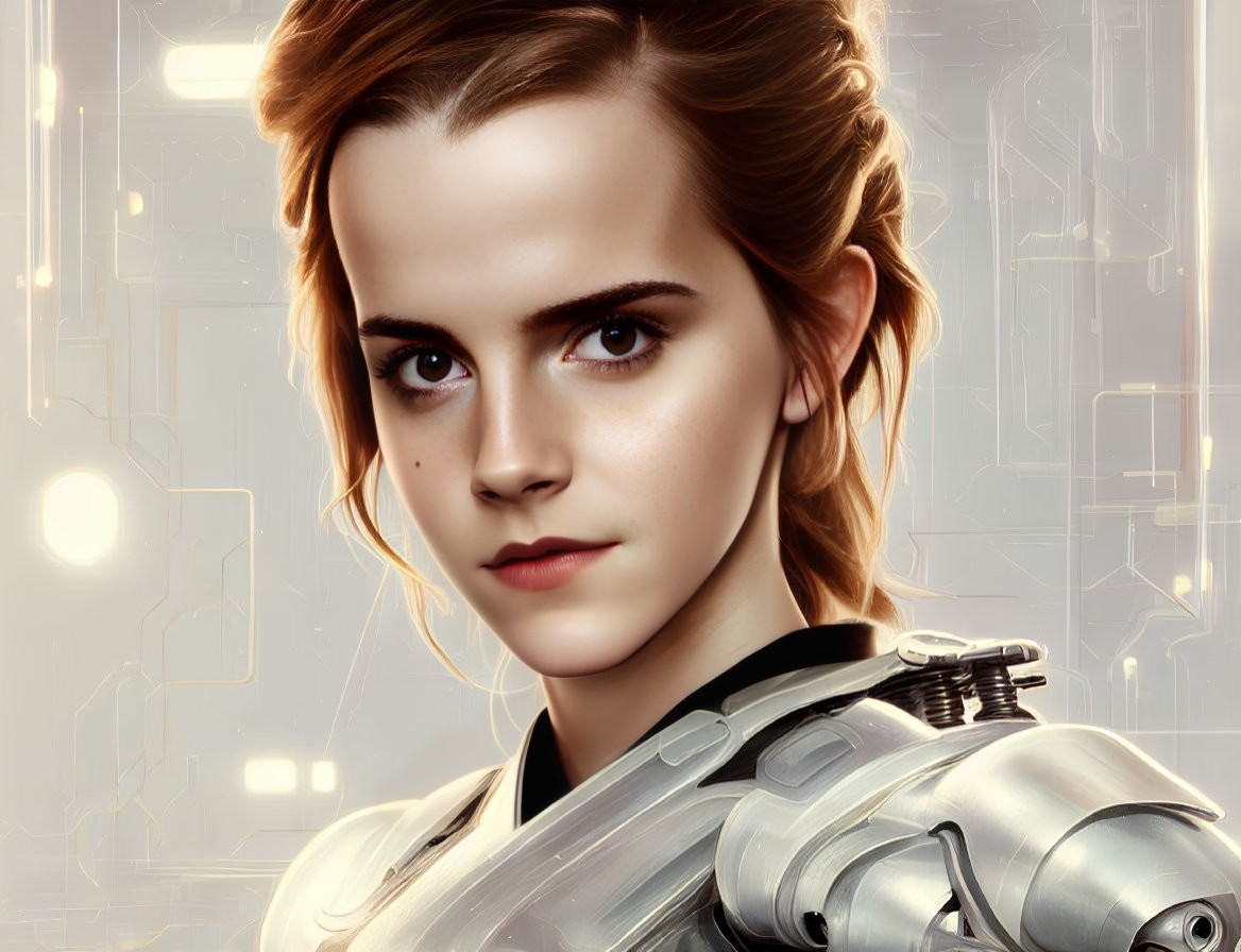 Futuristic digital portrait of a woman with brown hair in mechanical armor