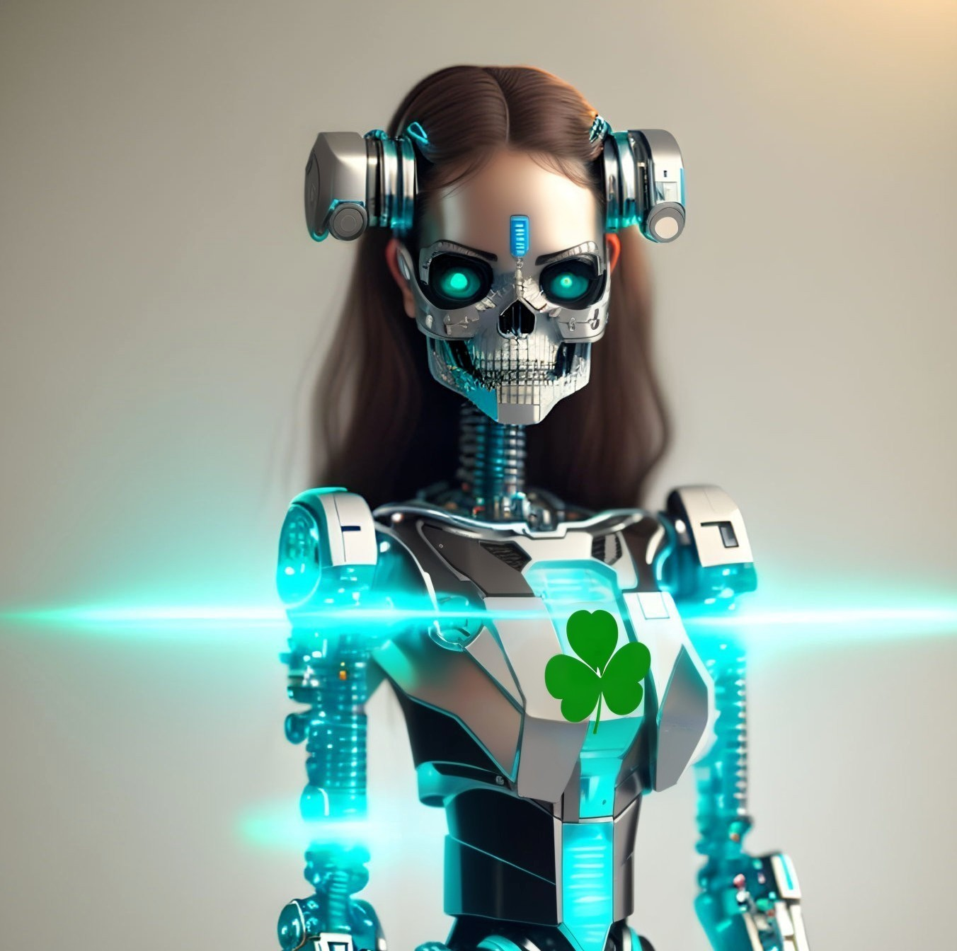 Detailed futuristic robot with human-like structure and clover emblem, glowing softly