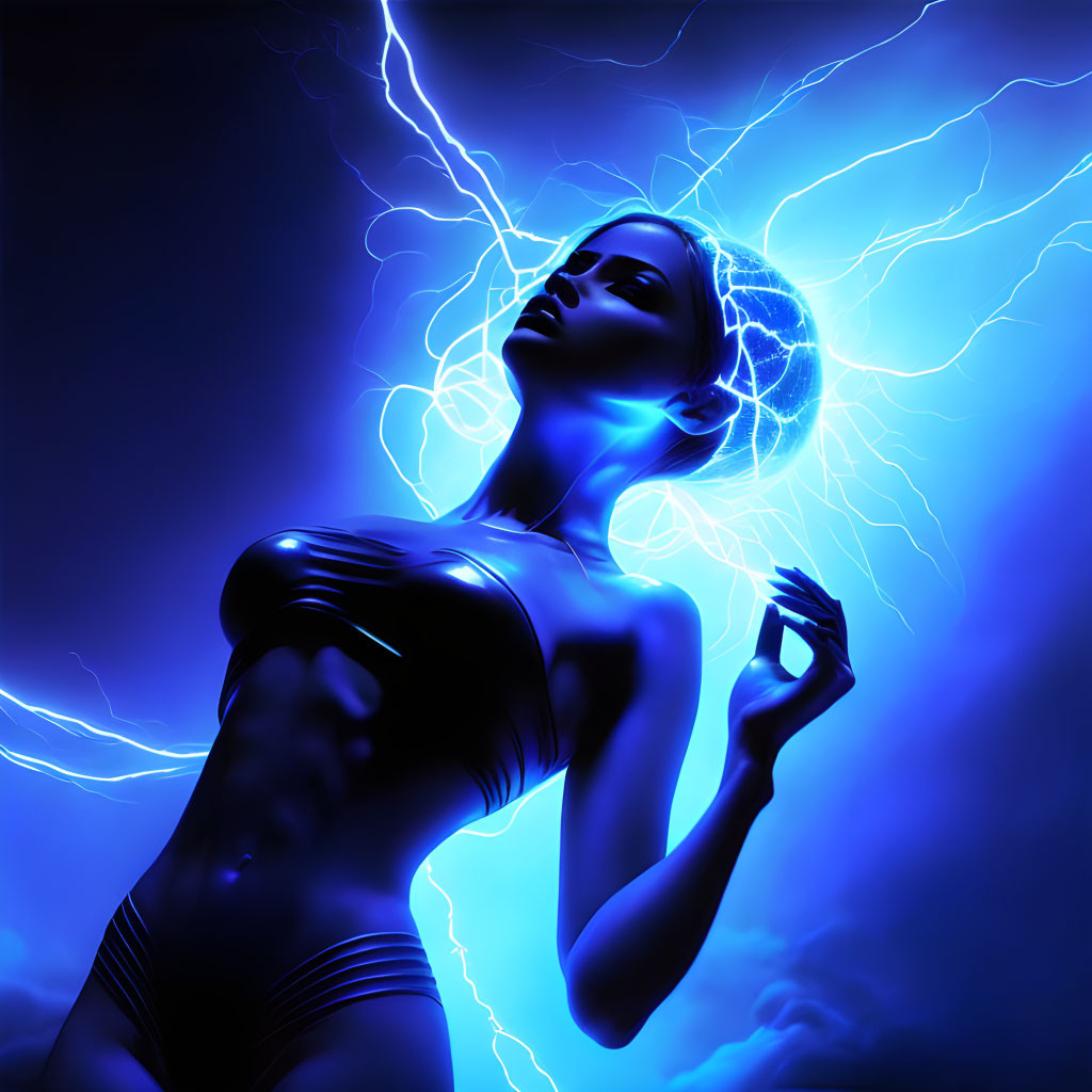 Digital Artwork: Woman with Glowing Blue Skin and Lightning on Dark Background