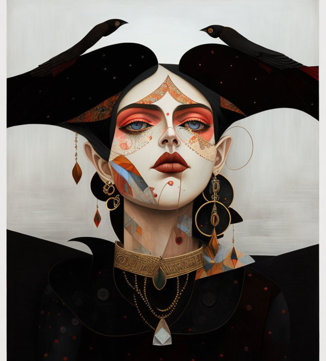 Pale-skinned woman with red geometric face patterns and crows on neutral background