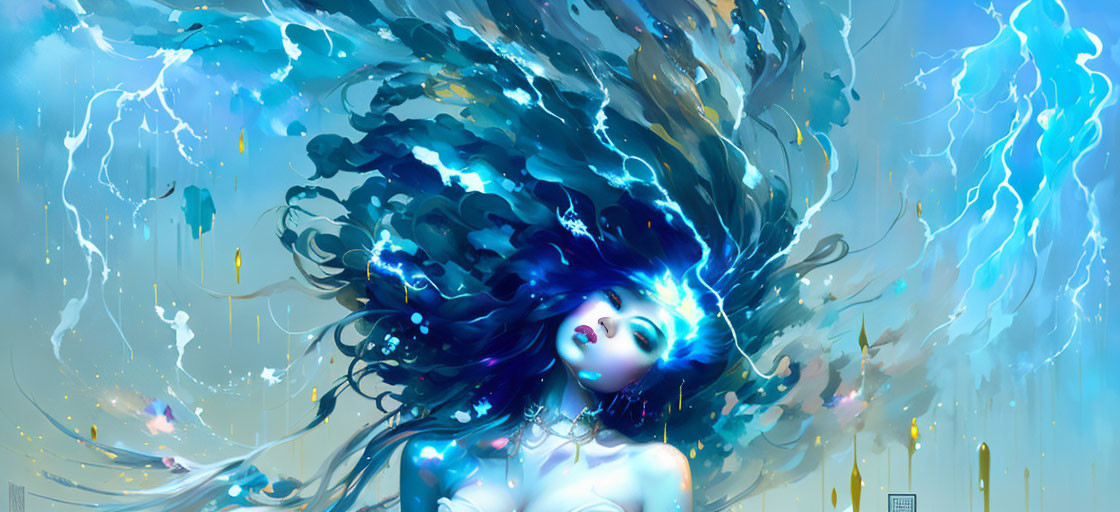 Ethereal artwork featuring woman with flowing blue hair and aquatic elements