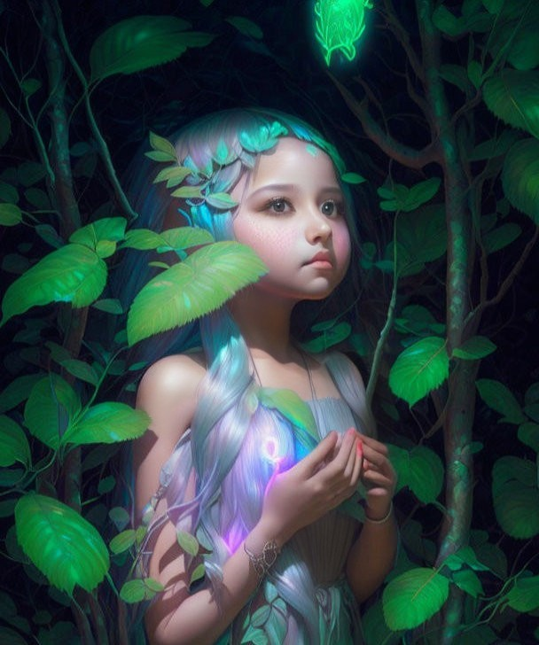 Mystical girl with luminescent hair and butterfly in glowing green foliage