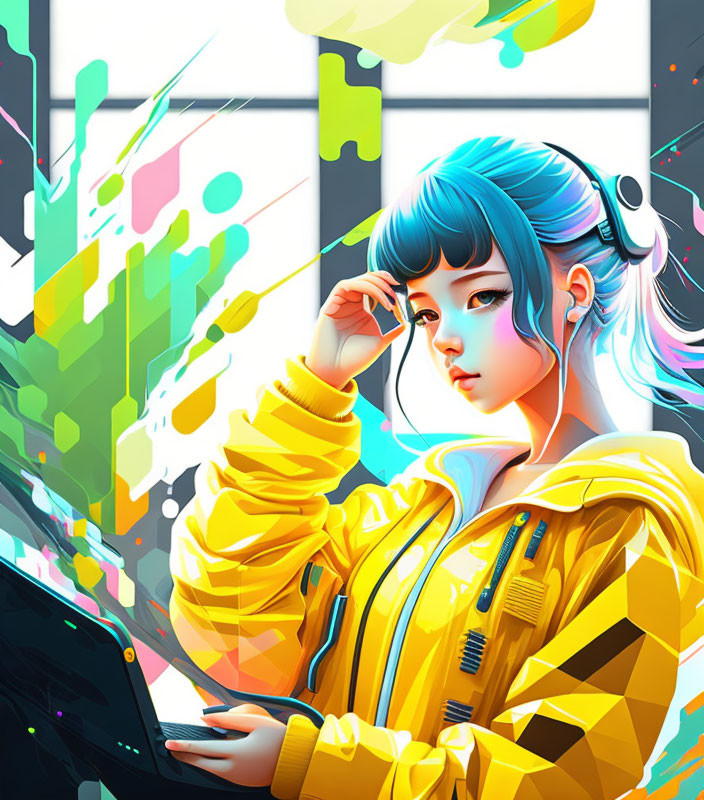 Digital Art: Girl with Blue Hair in Yellow Jacket and Glasses