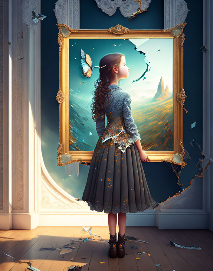 Young girl in grey dress with broken picture frame and fantastical landscape.