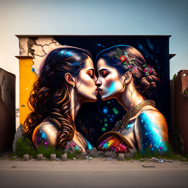 Colorful street art mural featuring two women with cosmic and floral motifs in an intimate embrace.