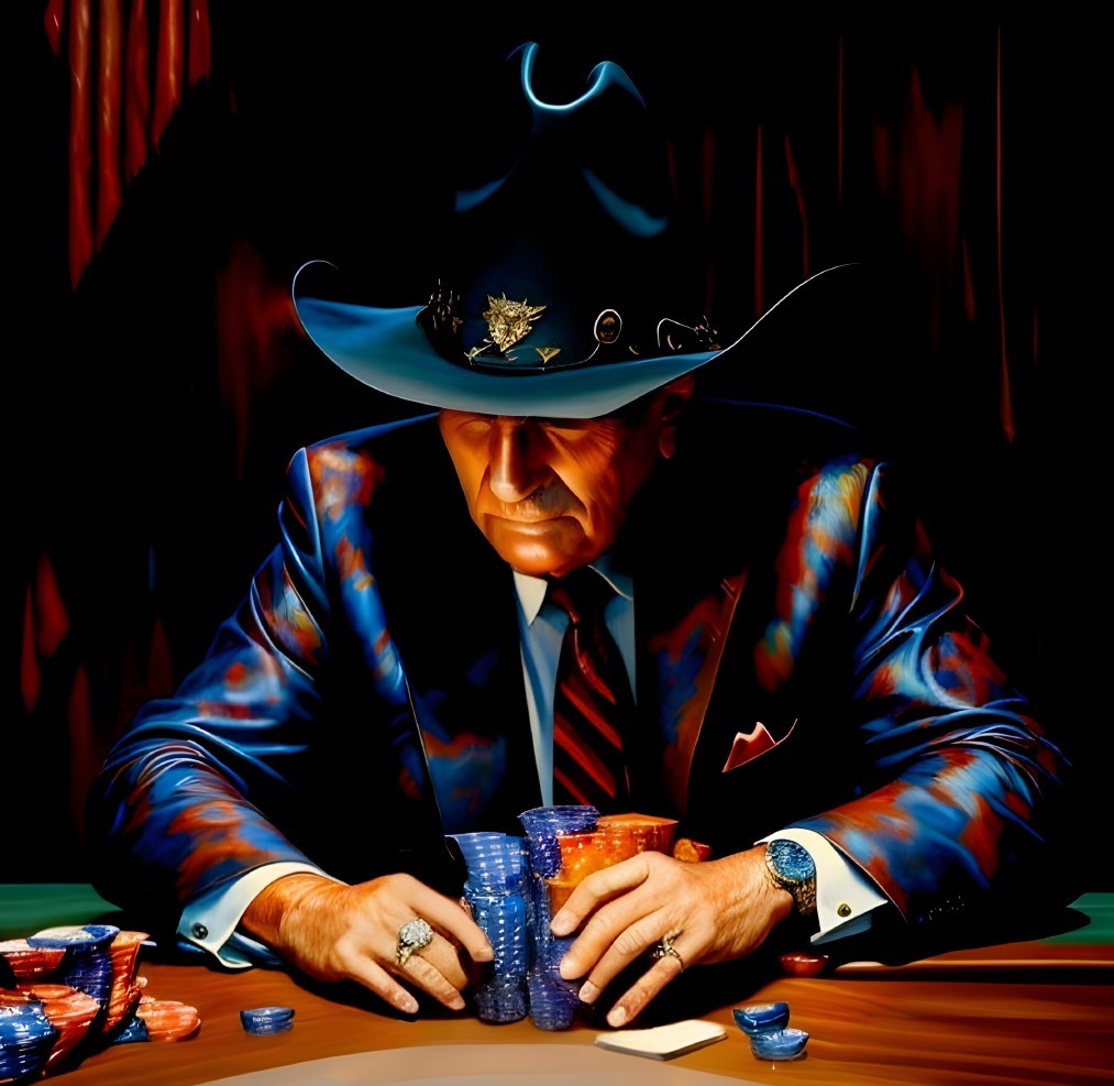 Cowboy-hat-wearing man in suit at poker table with dark curtains.