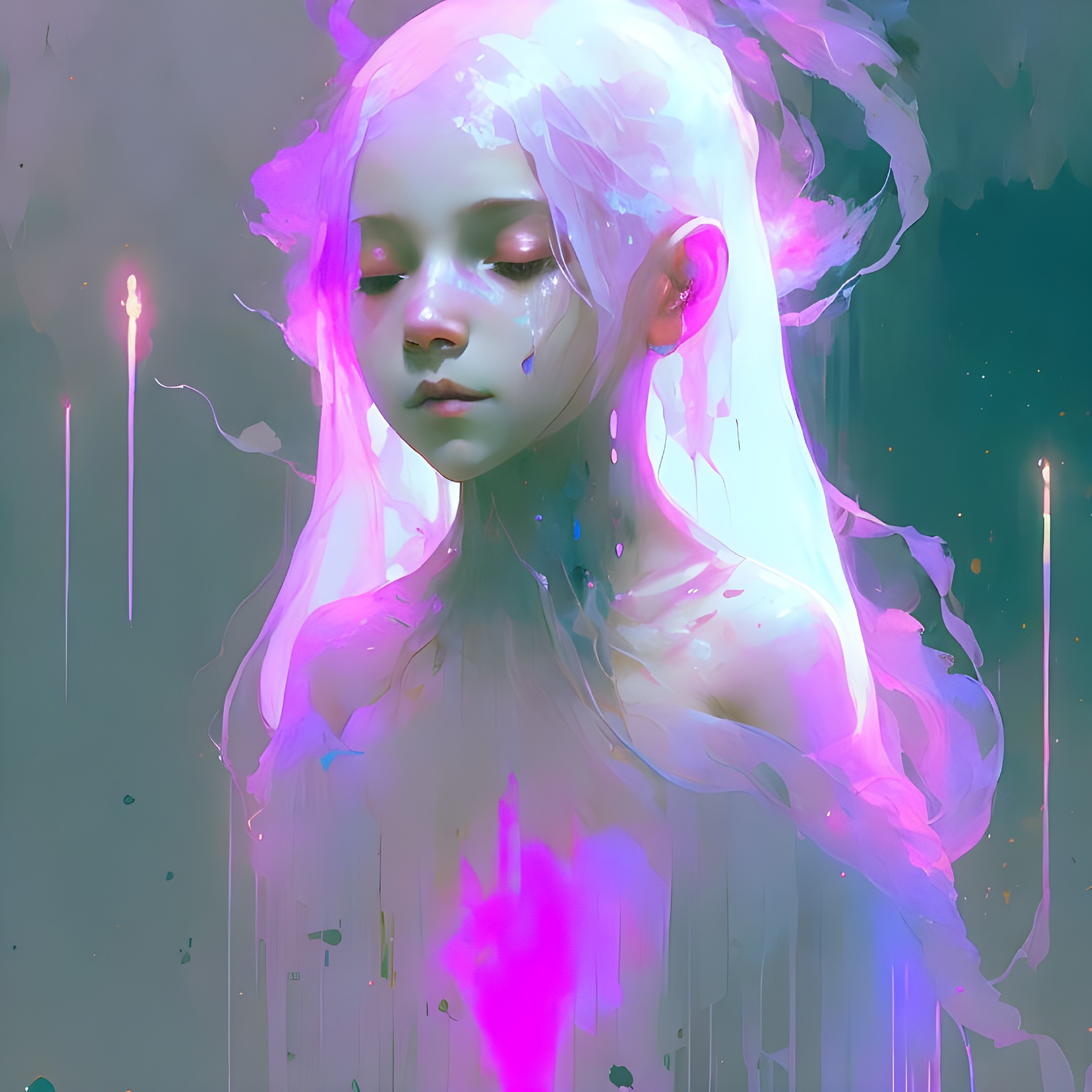 Stylized portrait of pale-skinned female with white hair and ethereal translucent qualities.