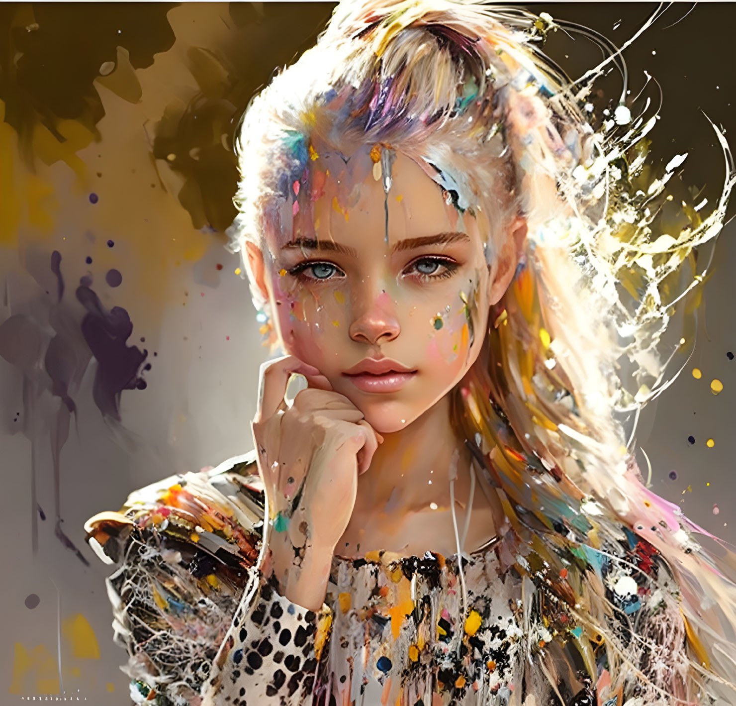 Digitally created image of contemplative young girl with vibrant paint splatters