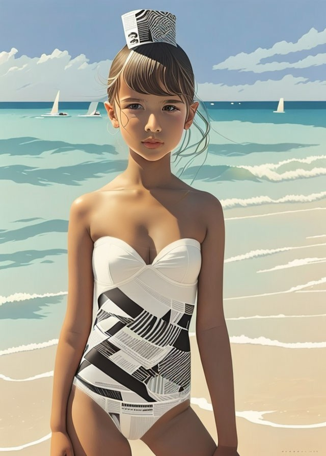 Girl in Black and White Swimsuit on Sandy Beach with Sailboats and Blue Sky