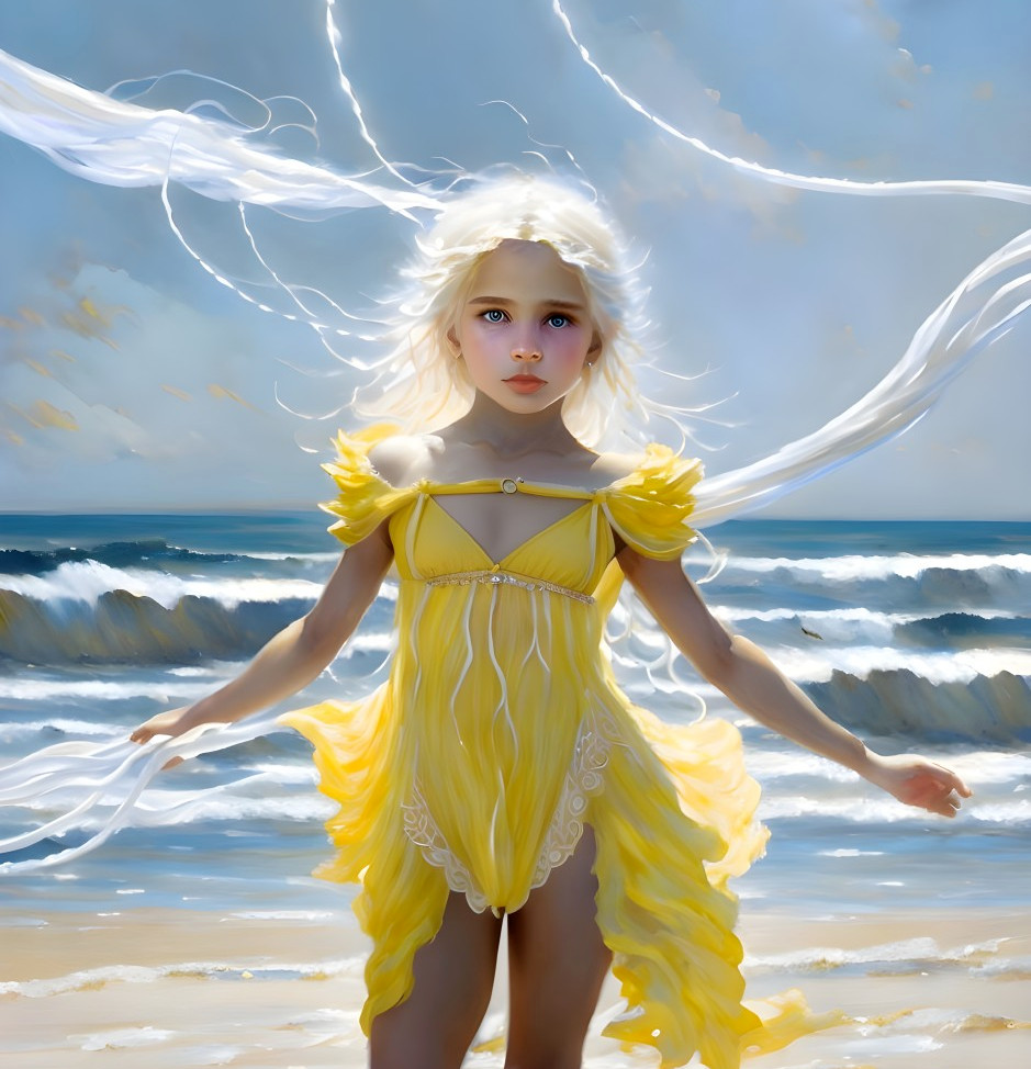 Young girl in yellow dress on beach with wind-swept hair and waves background