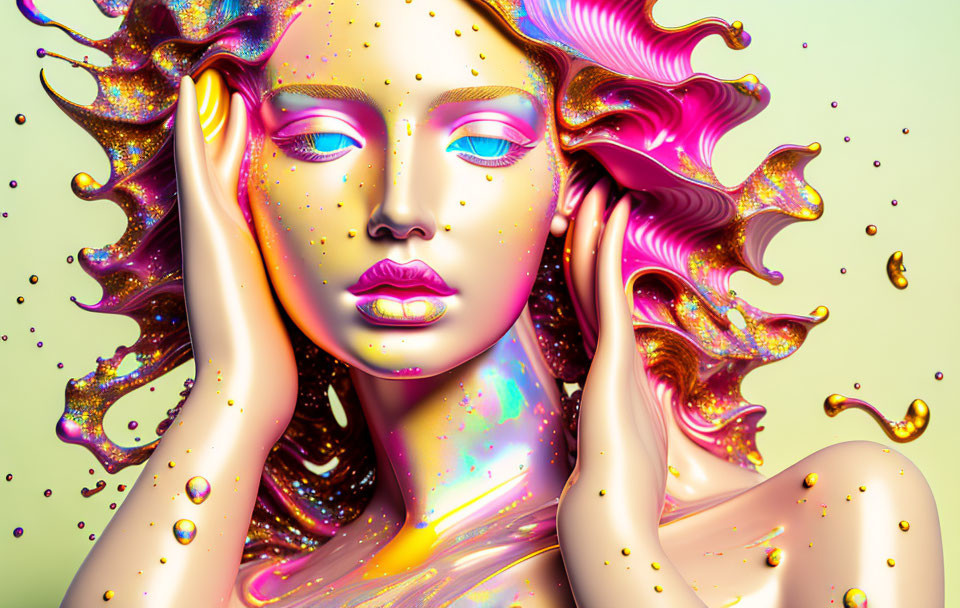 Colorful surreal portrait of a female figure with liquid-like hair and gold accents