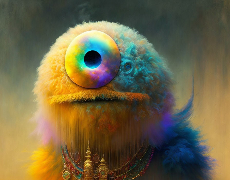 Colorful surreal creature with large eye and golden jewelry