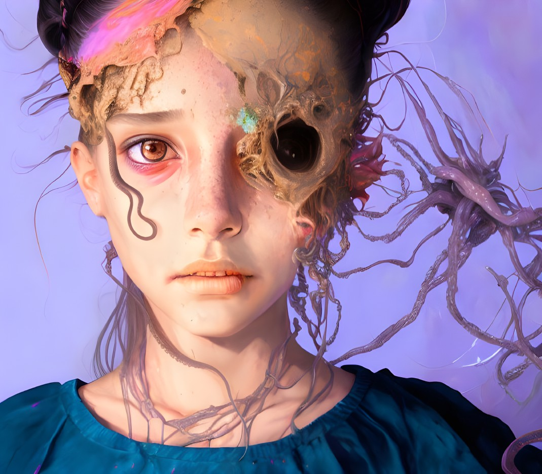 Surreal digital artwork: girl's face disintegrating to reveal cosmic textures and tendrils on