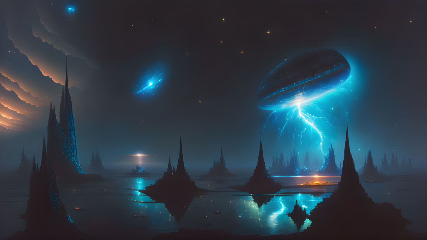 Sci-fi landscape with towering spires, glowing alien structure, and atmospheric phenomenon