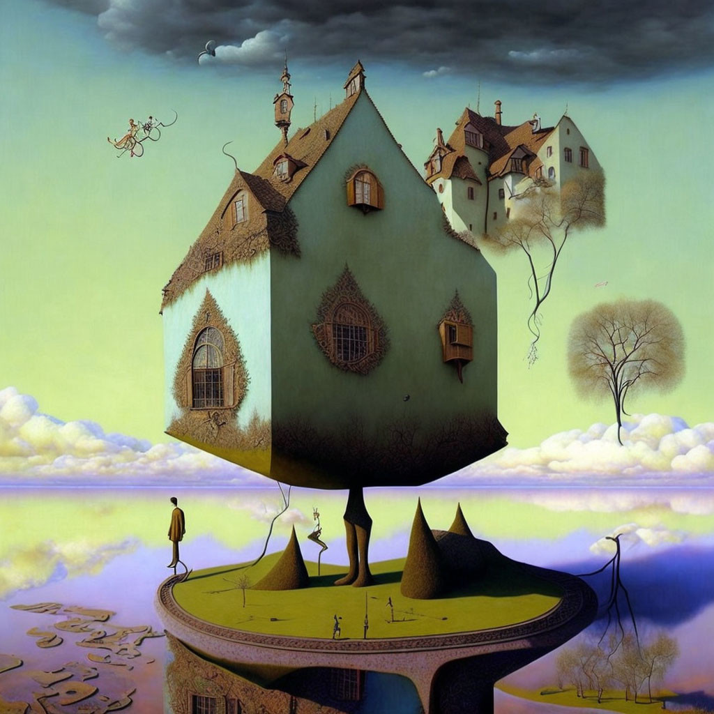 Surreal painting of floating island with upside-down house & twisted trees