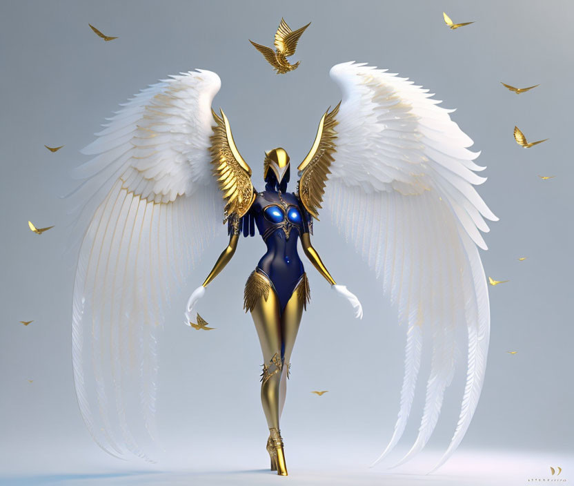 Futuristic angelic figure with white wings and gold & blue armor surrounded by golden birds on grey