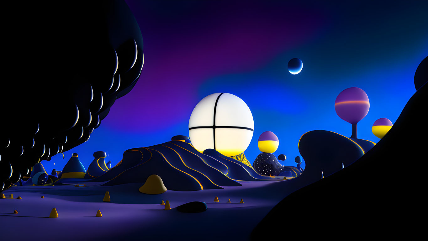 Abstract night landscape with bright sphere, colorful orbs, undulating hills, and crescent moon