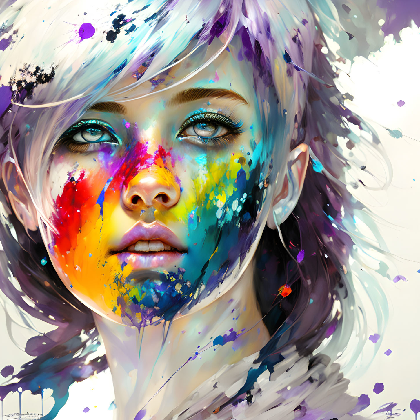 Vibrant portrait with striking blue eyes and colorful splashes.