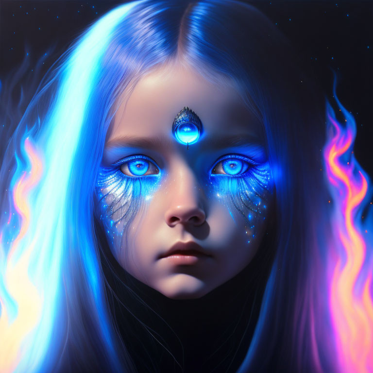 Digital artwork featuring girl with glowing blue eyes, neon blue and pink flames, and mystical third eye.