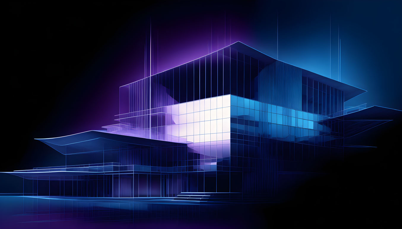 Futuristic neon-lit digital art of a cybernetic building