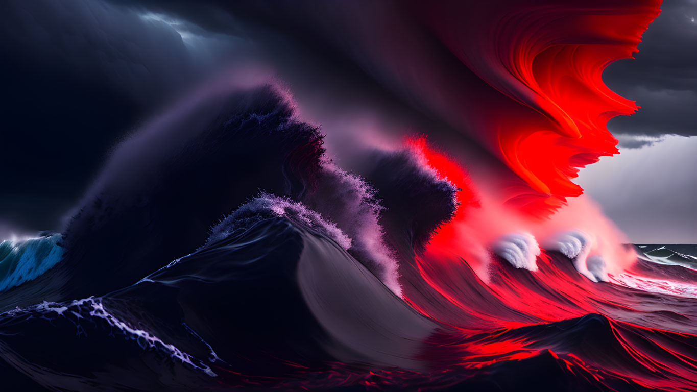 Surreal digital artwork: Dark ocean waves with red and pink highlights under stormy sky