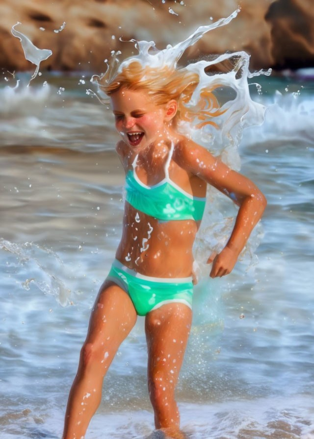 Young girl in turquoise swimsuit playing at the beach with splashing water droplets