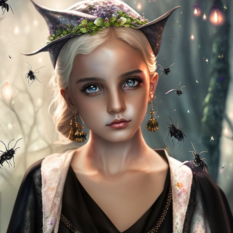 Young girl with blue eyes in witch hat and cloak, surrounded by fireflies and spiders