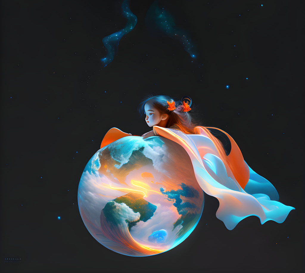 Surreal illustration of woman embracing glowing Earth in starry background