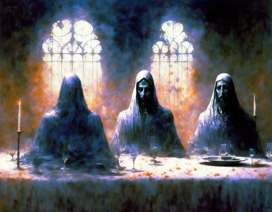 Three robed figures at table with candles and glasses under mystical stained-glass light