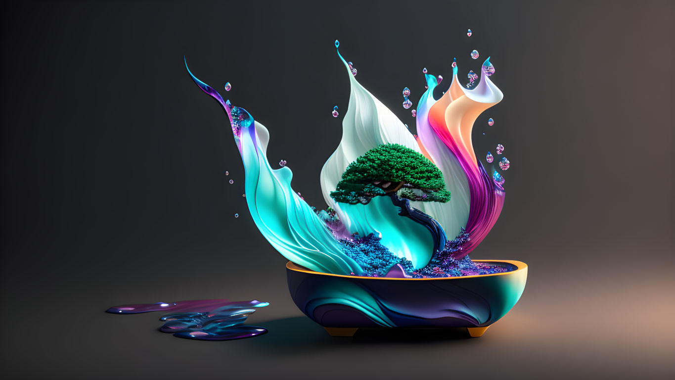 Vibrant digital artwork: Bonsai tree in liquid waves and dark bowl