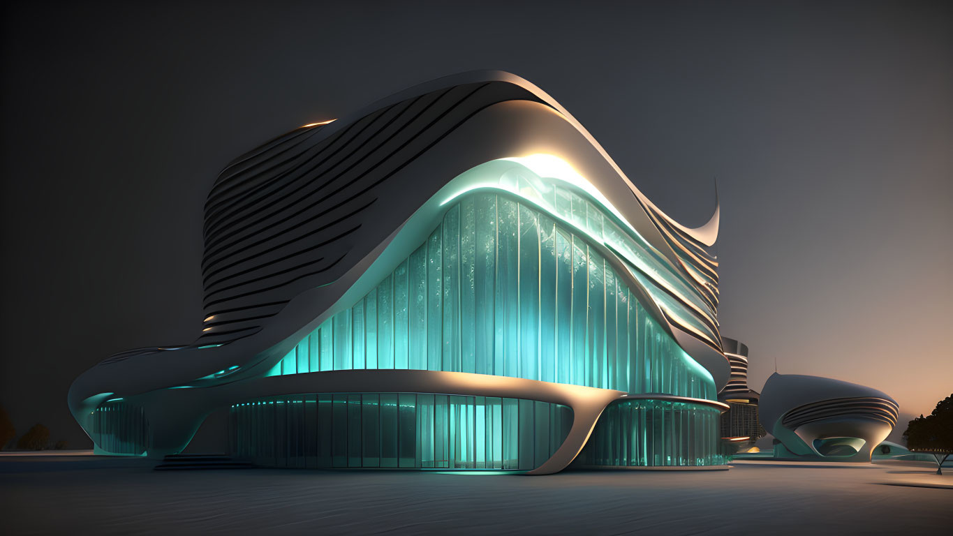 Modern architecture: Futuristic building with illuminated glass façade at dusk