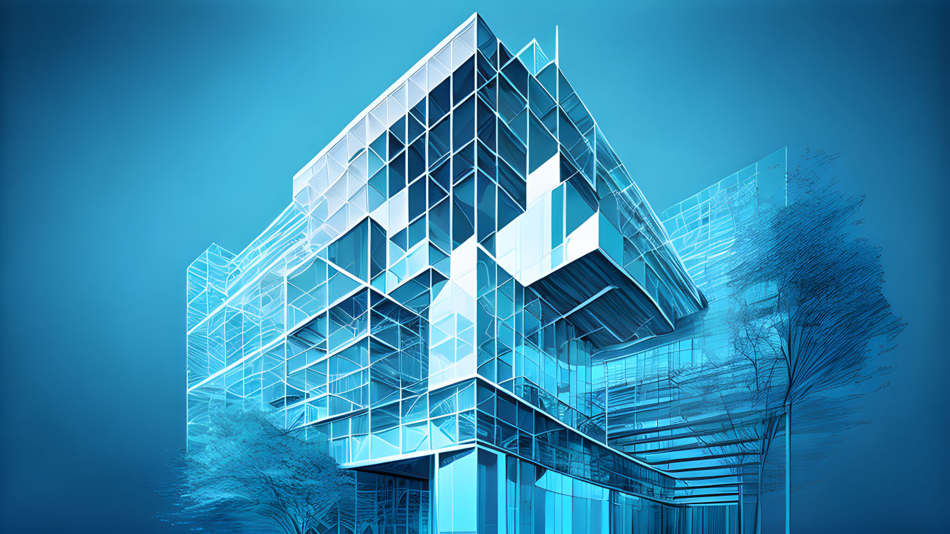 Architectural concept sketch of multi-story building with geometric patterns and transparent elements on blue background