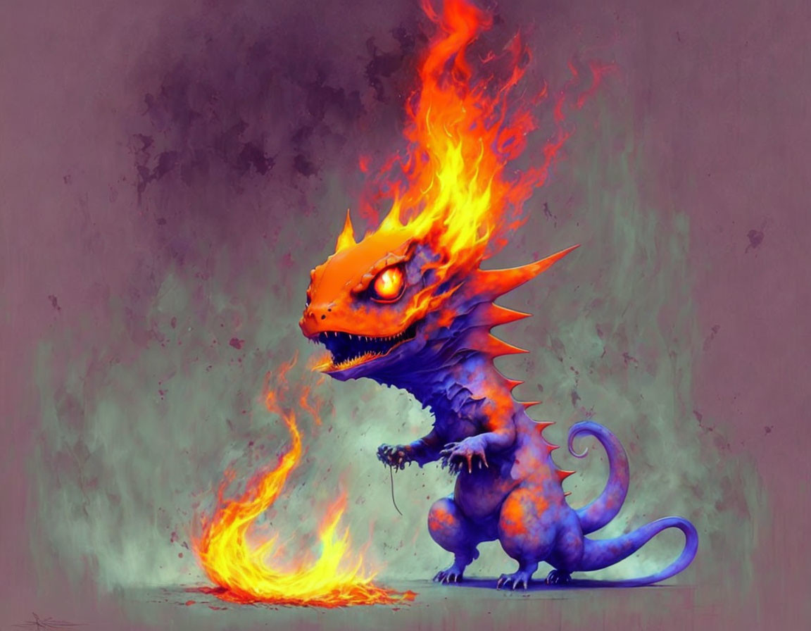 Vibrant small dragon breathing flames on purple background