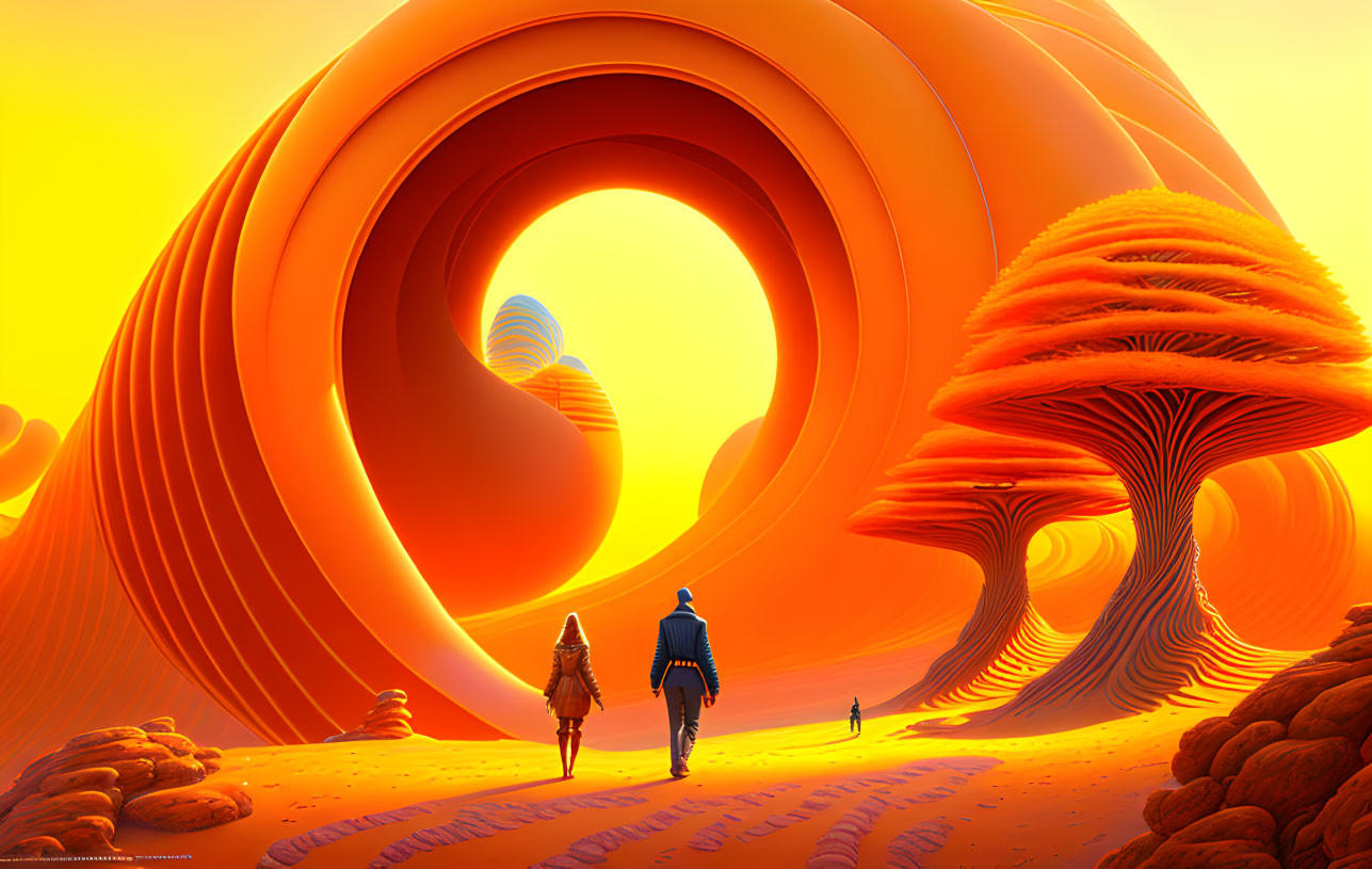 Two individuals approaching a large spiral structure in surreal orange landscape