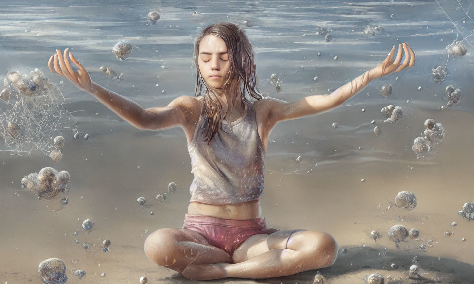 Person meditating on sandy surface with wet hair, closed eyes, raised hands, surrounded by orbs and