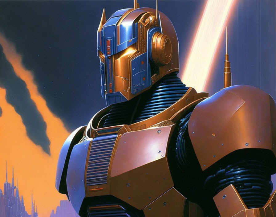 Illustrated robot in blue and orange armor against fiery sky with futuristic buildings.