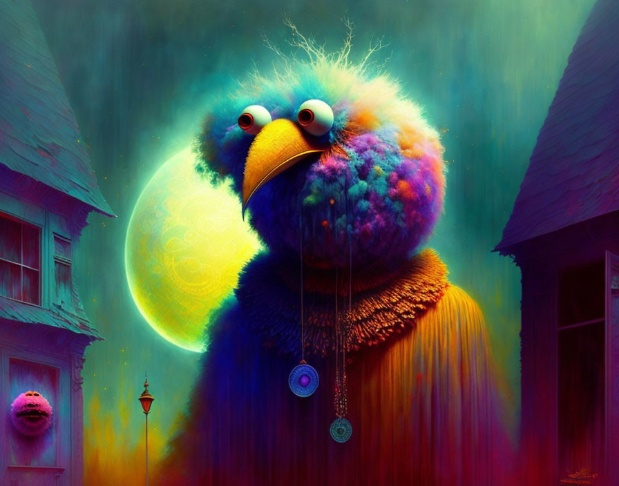 Colorful surreal character in Big Bird style with moon and whimsical houses