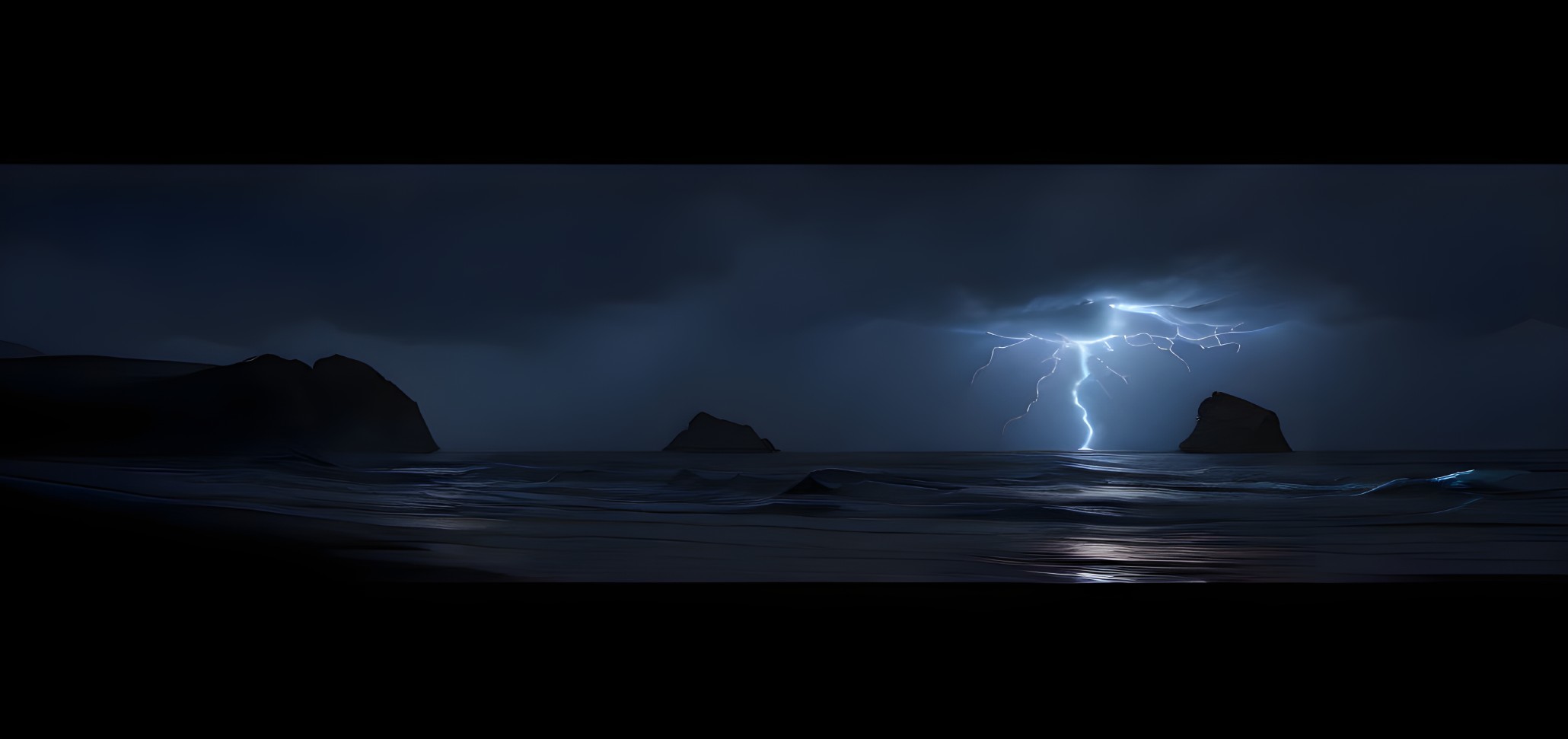 Stormy Night at Sea: Dark Clouds, Lightning Strike, Silhouetted Rock Formations