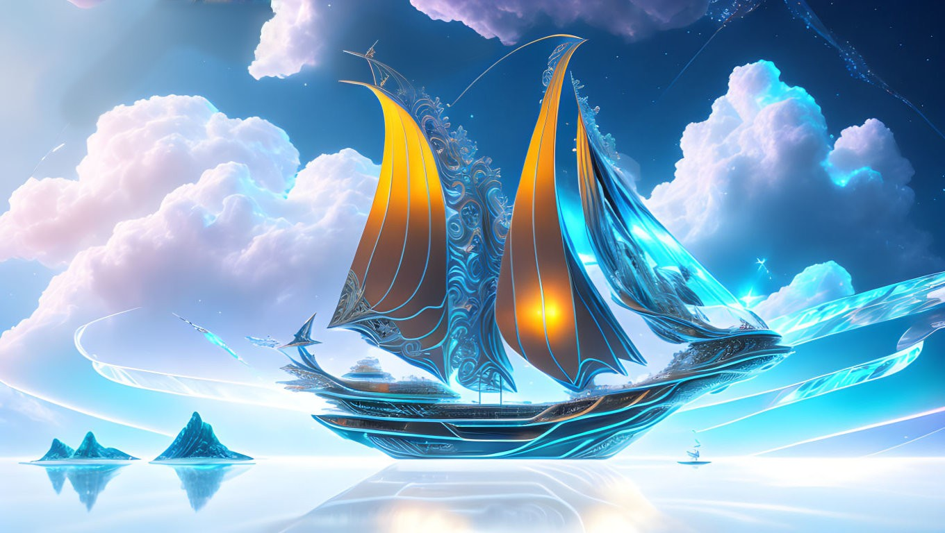 Fantastical digital art: Ornate sailboat in surreal neon landscape