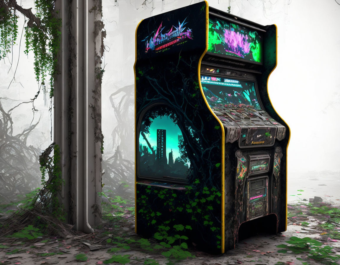 Arcade machine covered in vines and moss in forest