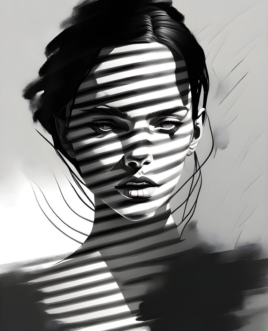 Monochrome portrait of a woman with striped shadow patterns, intense expression