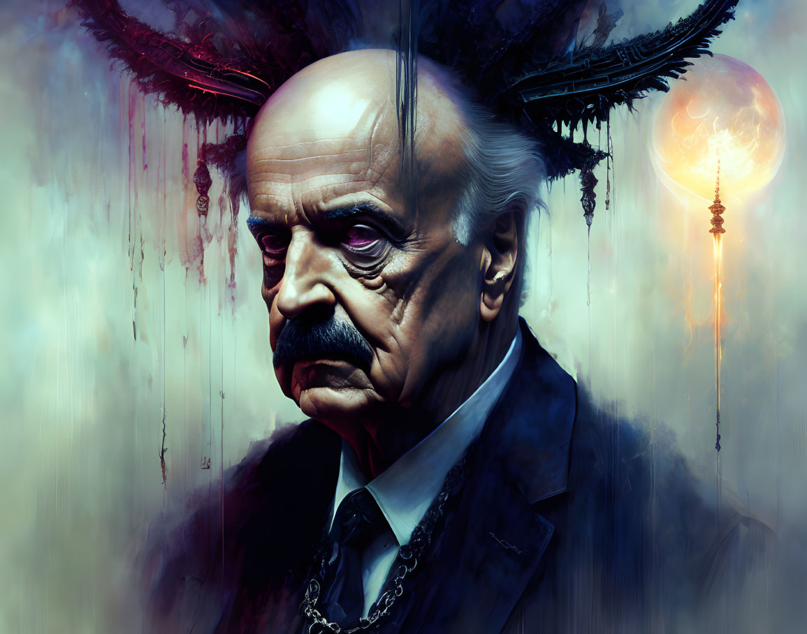 Portrait of stern male with mustache, dark attire, feathery textures, moon background