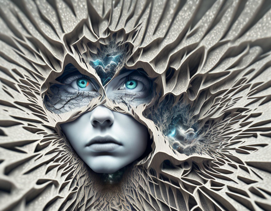 Surreal portrait with piercing blue eyes in fractal-like wooden patterns