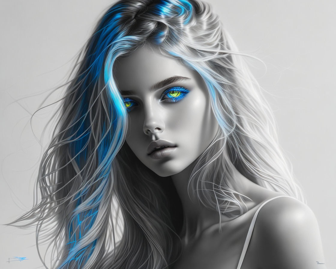 Monochrome portrait of woman with blue eyes and hair accents